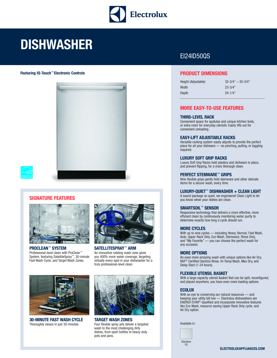 Electrolux EI24ID50QS dimensions Dishwasher, Signature Features, Product Dimensions, More Easy-To-Use Features 