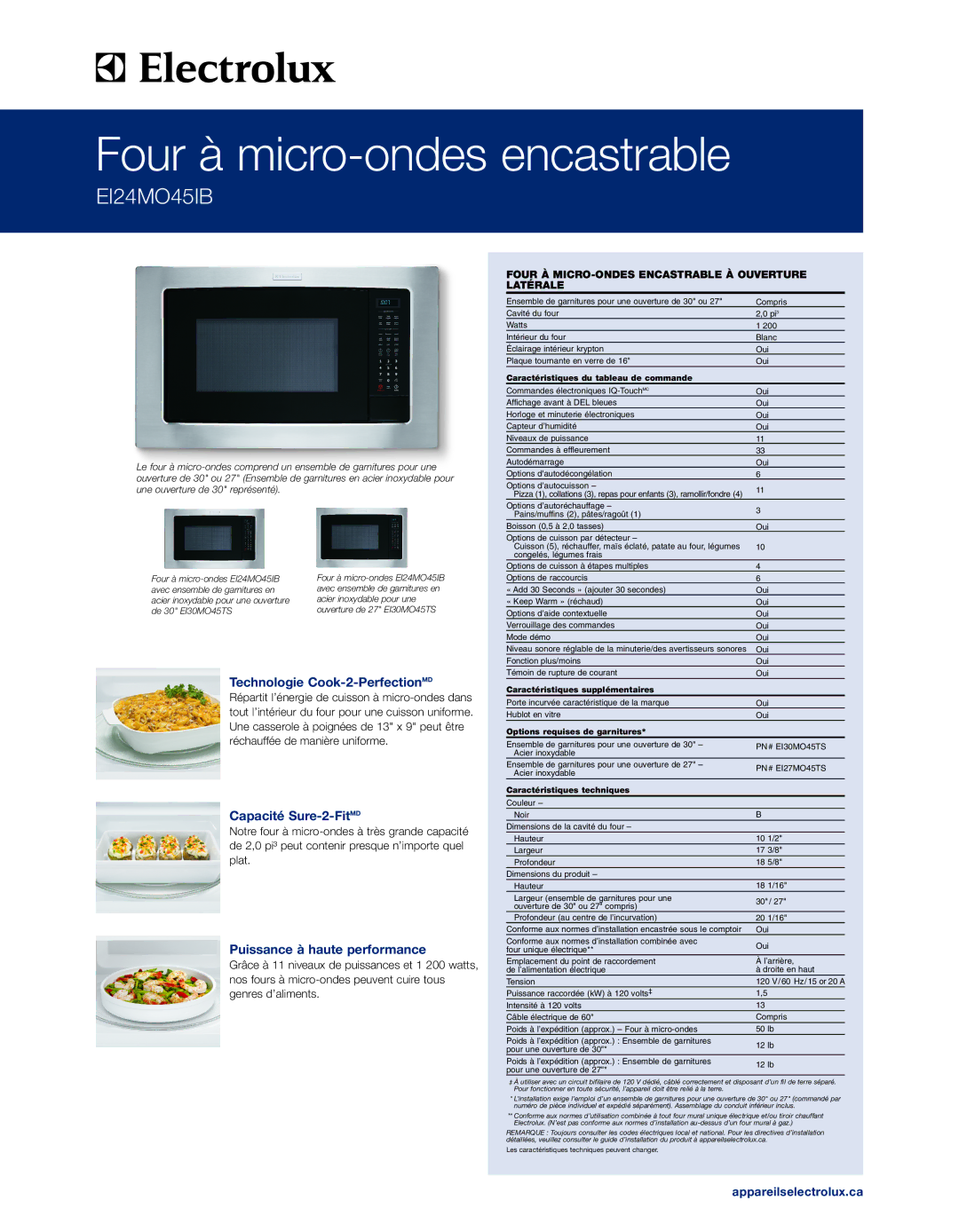 Electrolux EI24MO45IB dimensions Technologie Cook-2-PerfectionMD, Capacité Sure-2-FitMD, Puissance à haute performance 