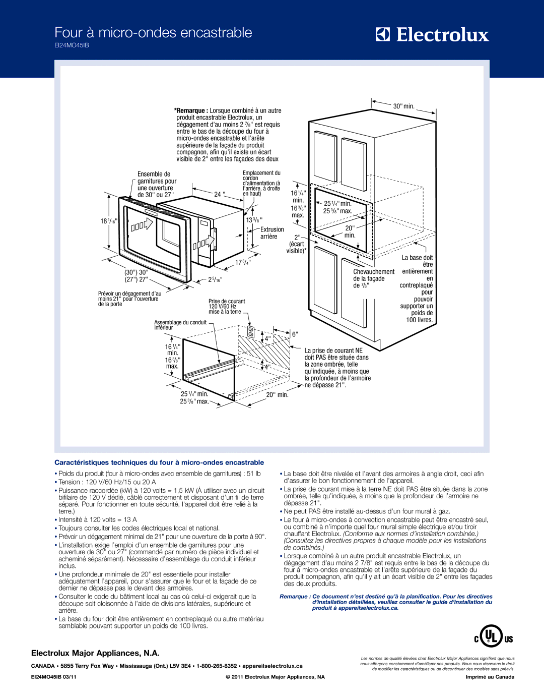 Electrolux EI24MO45IB dimensions Four à micro-ondes encastrable 