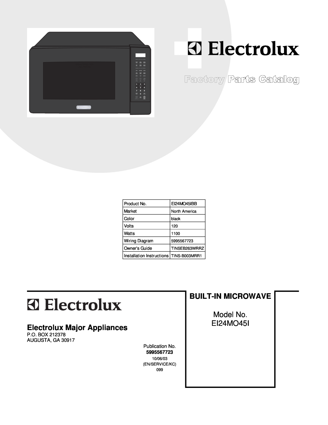 Electrolux EI24MO45IBB installation instructions Built-In Microwave, Electrolux Major Appliances, Model No 