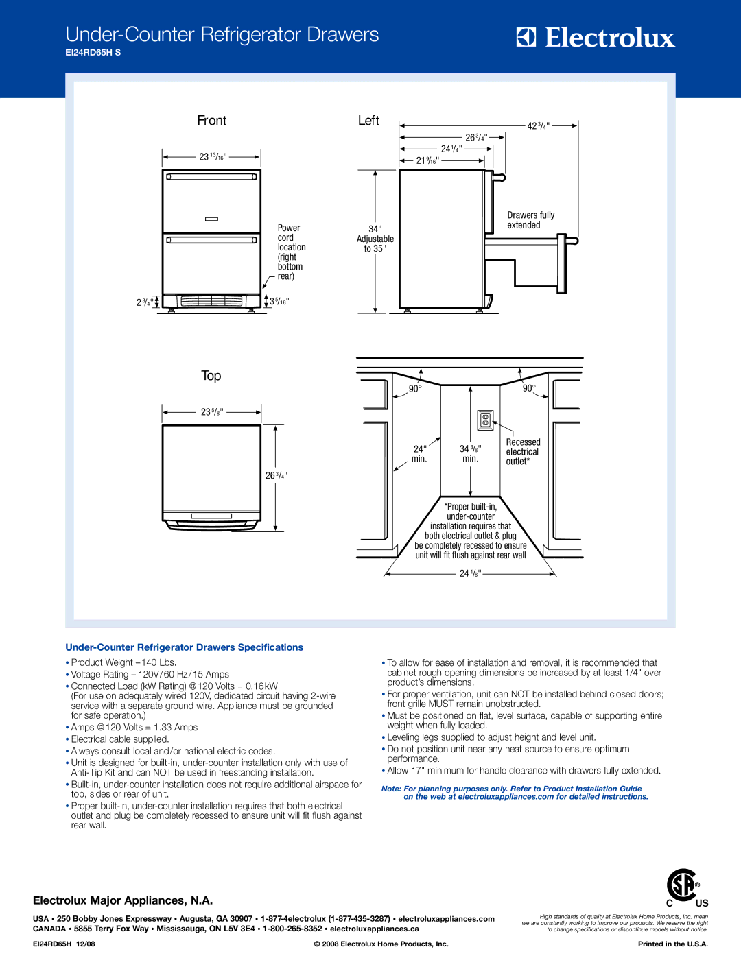 Electrolux EI24RD65H S specifications Front, Left, Top, Under-Counter Refrigerator Drawers Specifications 