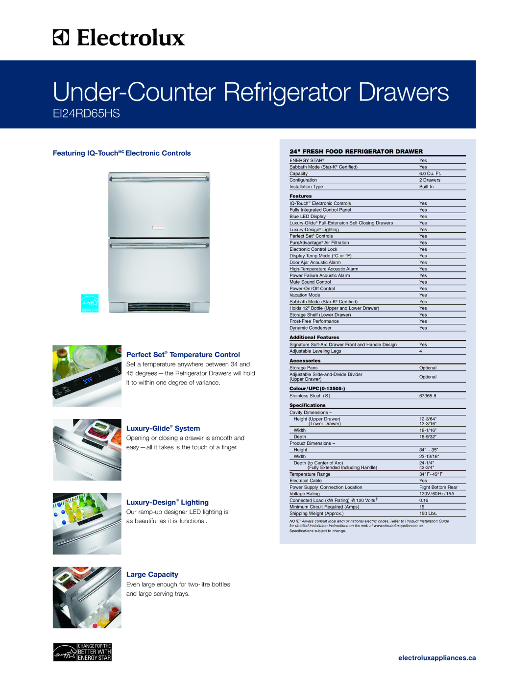 Electrolux EI24RD65HS specifications Luxury-GlideSystem, Luxury-DesignLighting, Large Capacity, Electroluxappliances.ca 