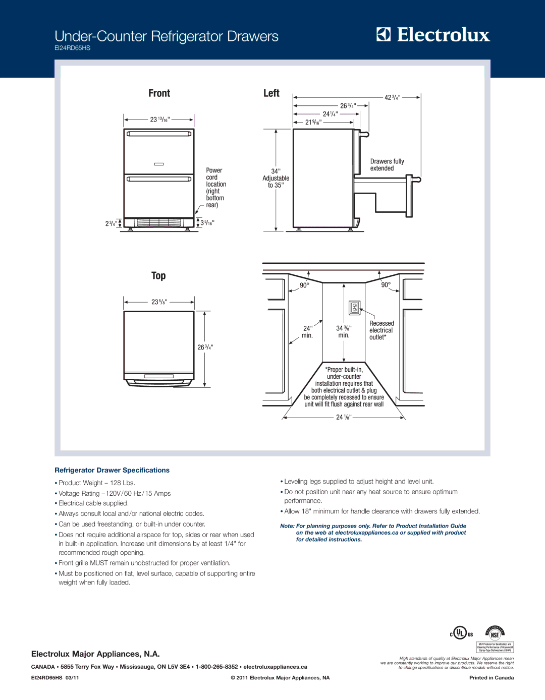 Electrolux EI24RD65HS specifications Under-Counter Refrigerator Drawers, Refrigerator Drawer Specifications 