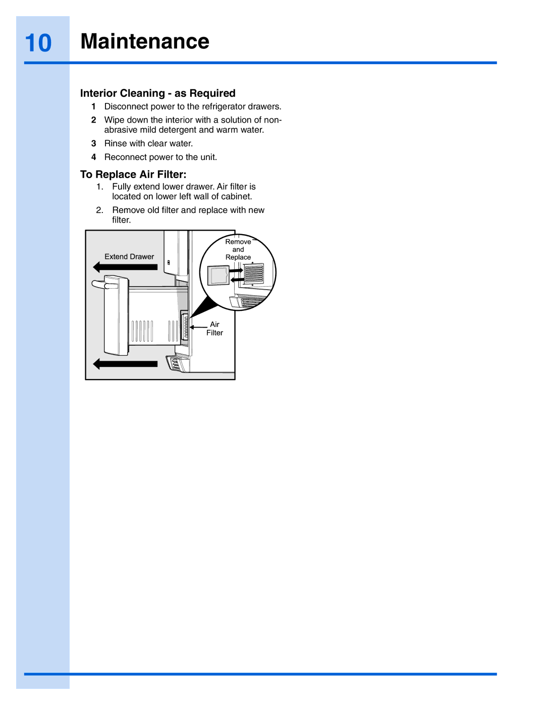 Electrolux EI24RD65HS manual Interior Cleaning as Required, To Replace Air Filter 