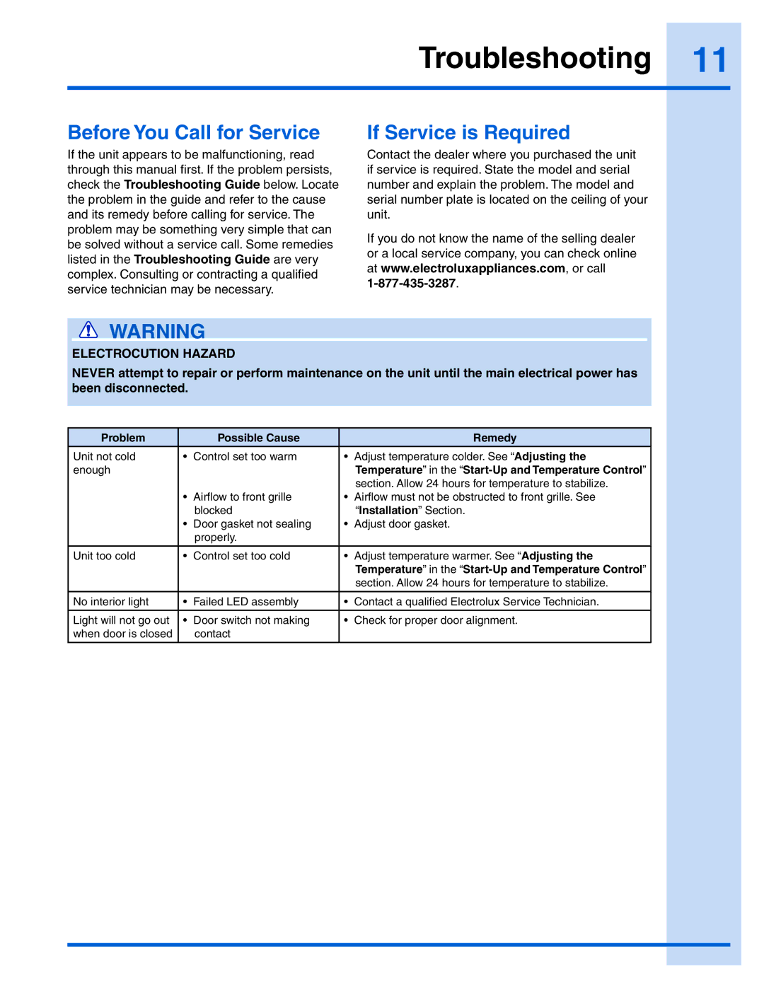 Electrolux EI24RD65HS manual Troubleshooting, Before You Call for Service, If Service is Required 