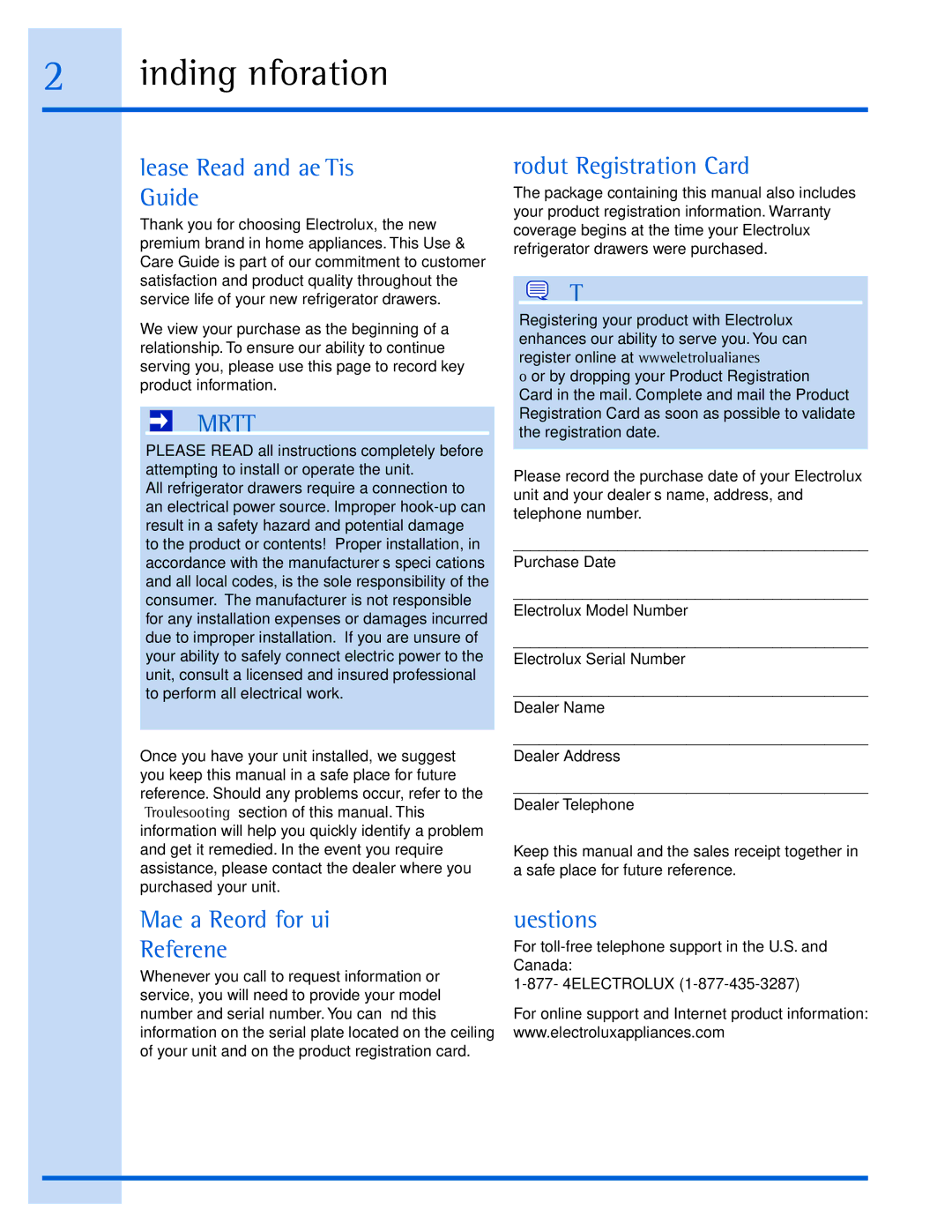 Electrolux EI24RD65HS Finding Information, Please Read and Save This Guide, Make a Record for Quick Reference, Questions? 