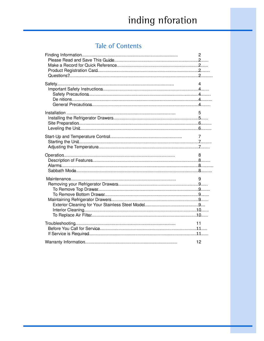 Electrolux EI24RD65HS manual Table of Contents 