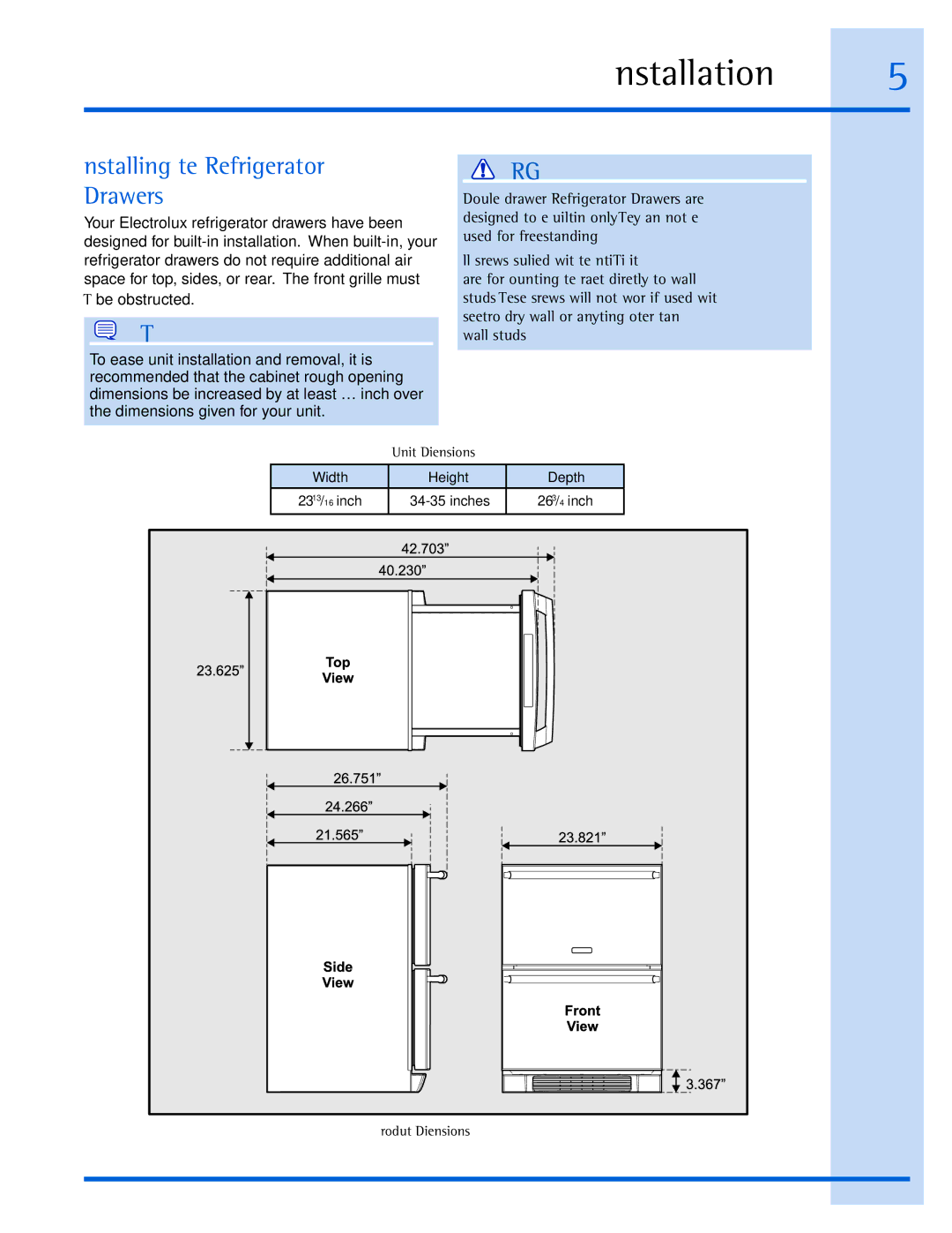 Electrolux EI24RD65HS manual Installation, Installing the Refrigerator Drawers 