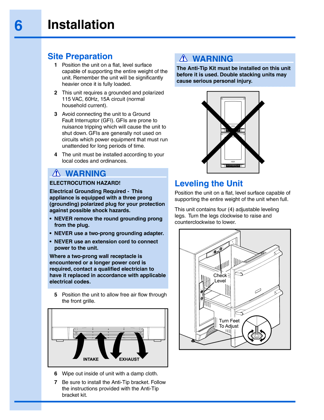 Electrolux EI24RD65HS manual Site Preparation, Leveling the Unit 