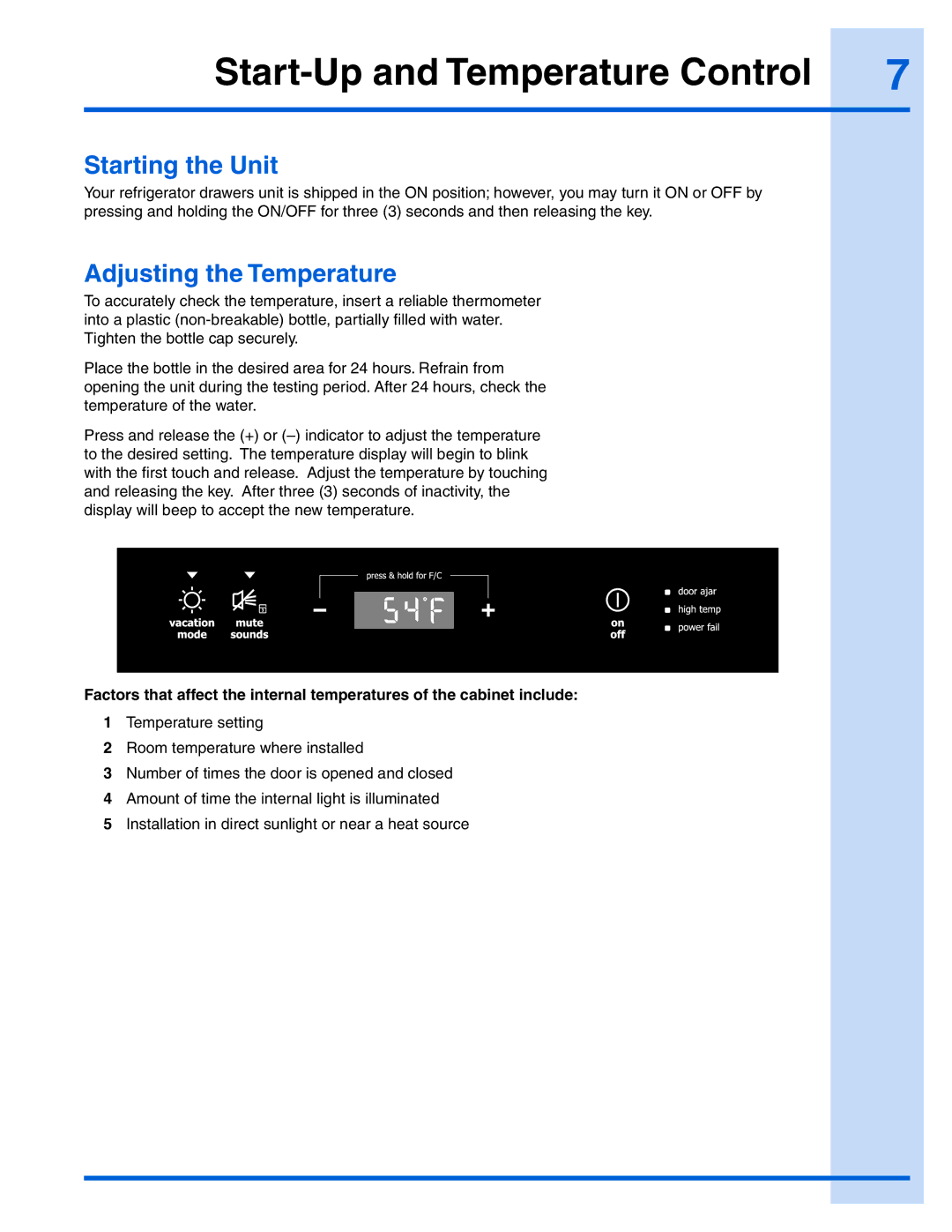 Electrolux EI24RD65HS manual Start-Up and Temperature Control, Starting the Unit, Adjusting the Temperature 