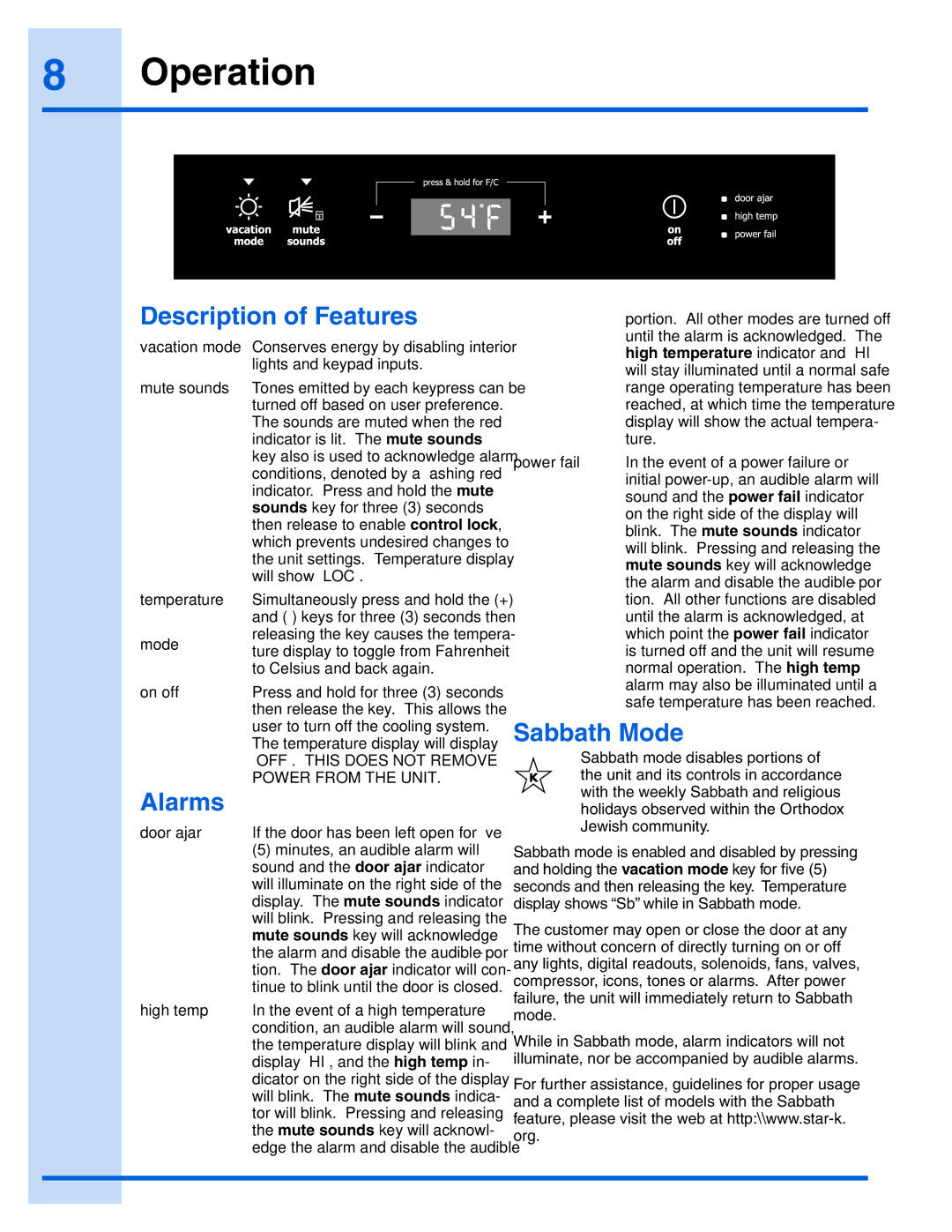 Electrolux EI24RD65HS manual Operation, Description of Features, Alarms, Sabbath Mode 