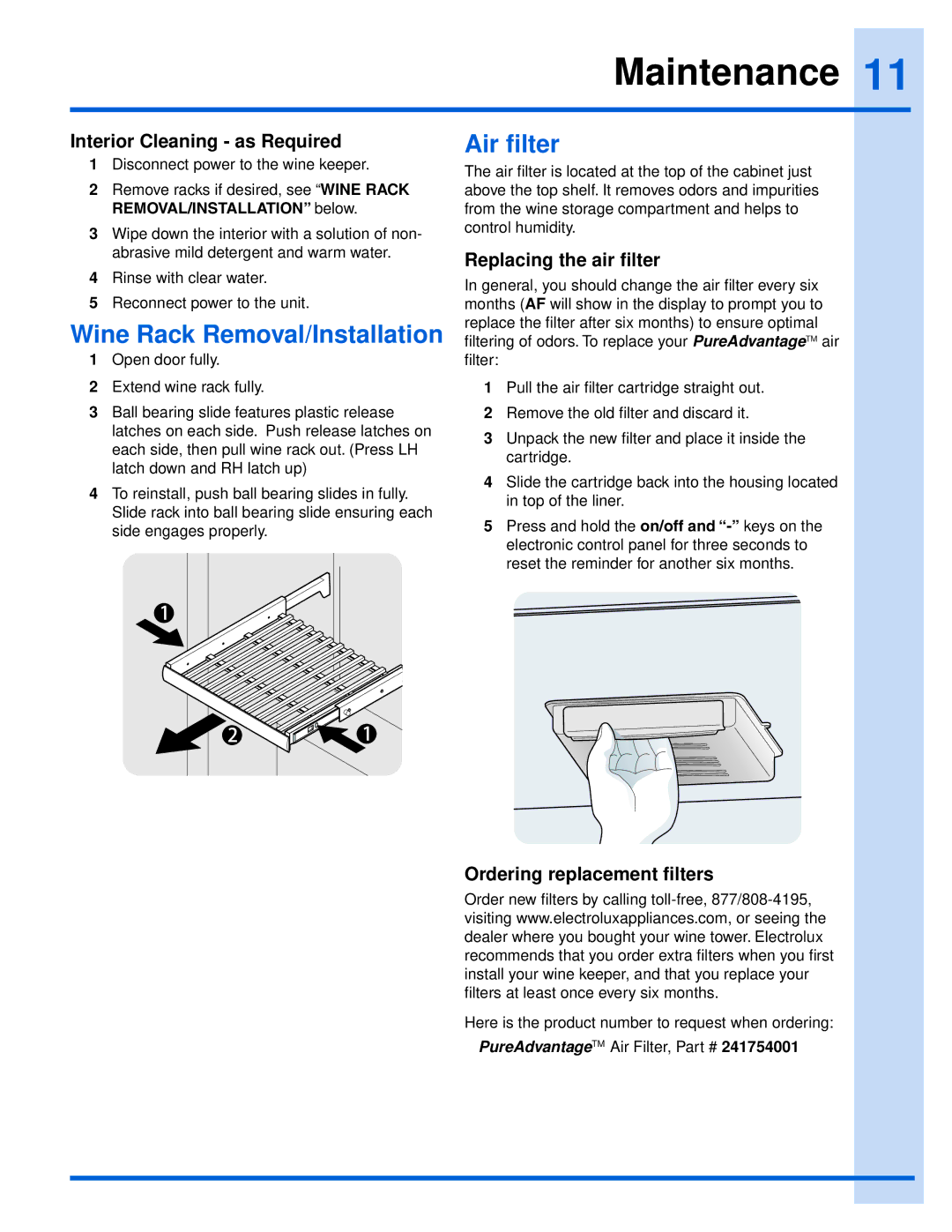 Electrolux EI24WC75HS manual Maintenance, Wine Rack Removal/Installation, Air filter 