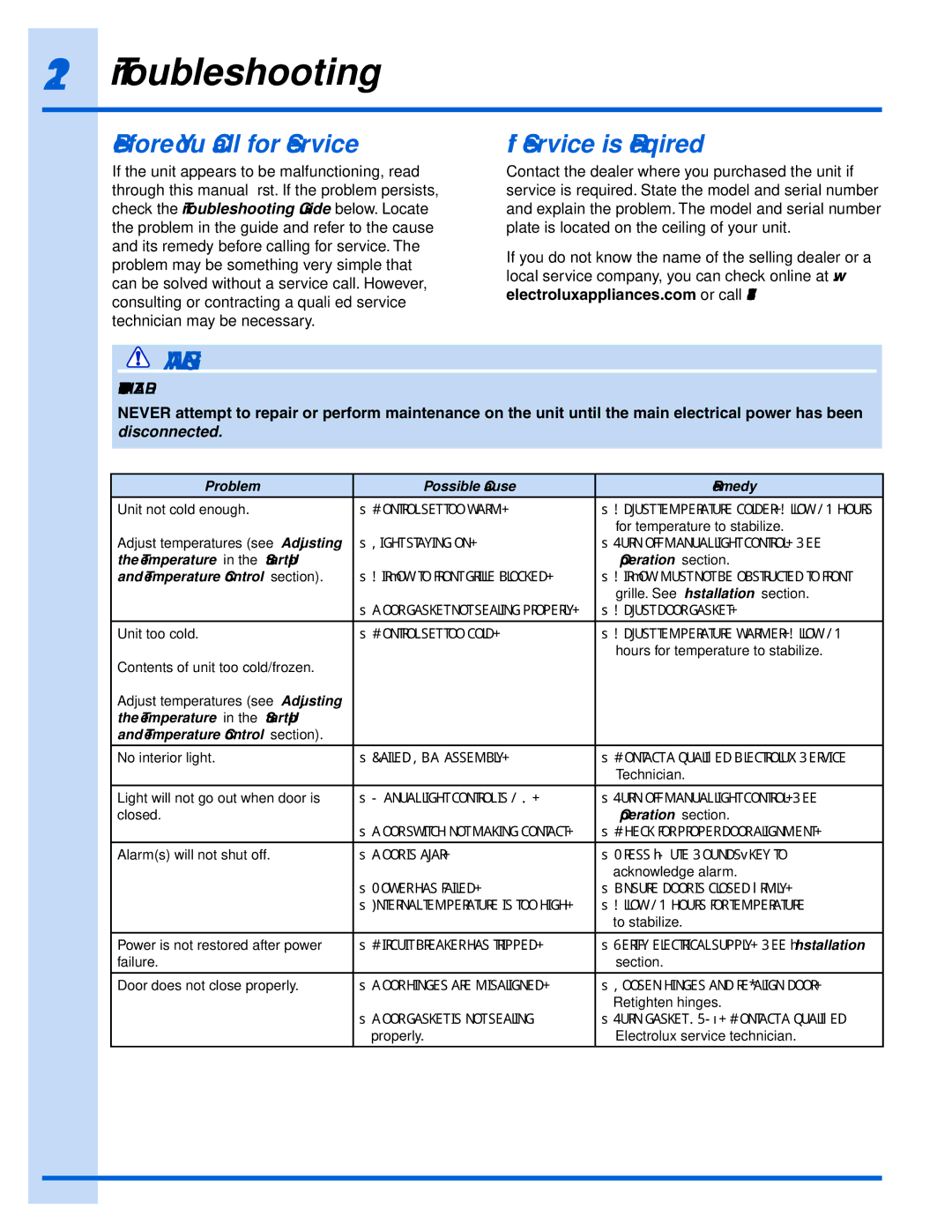 Electrolux EI24WC75HS manual Troubleshooting, Before You Call for Service, If Service is Required 