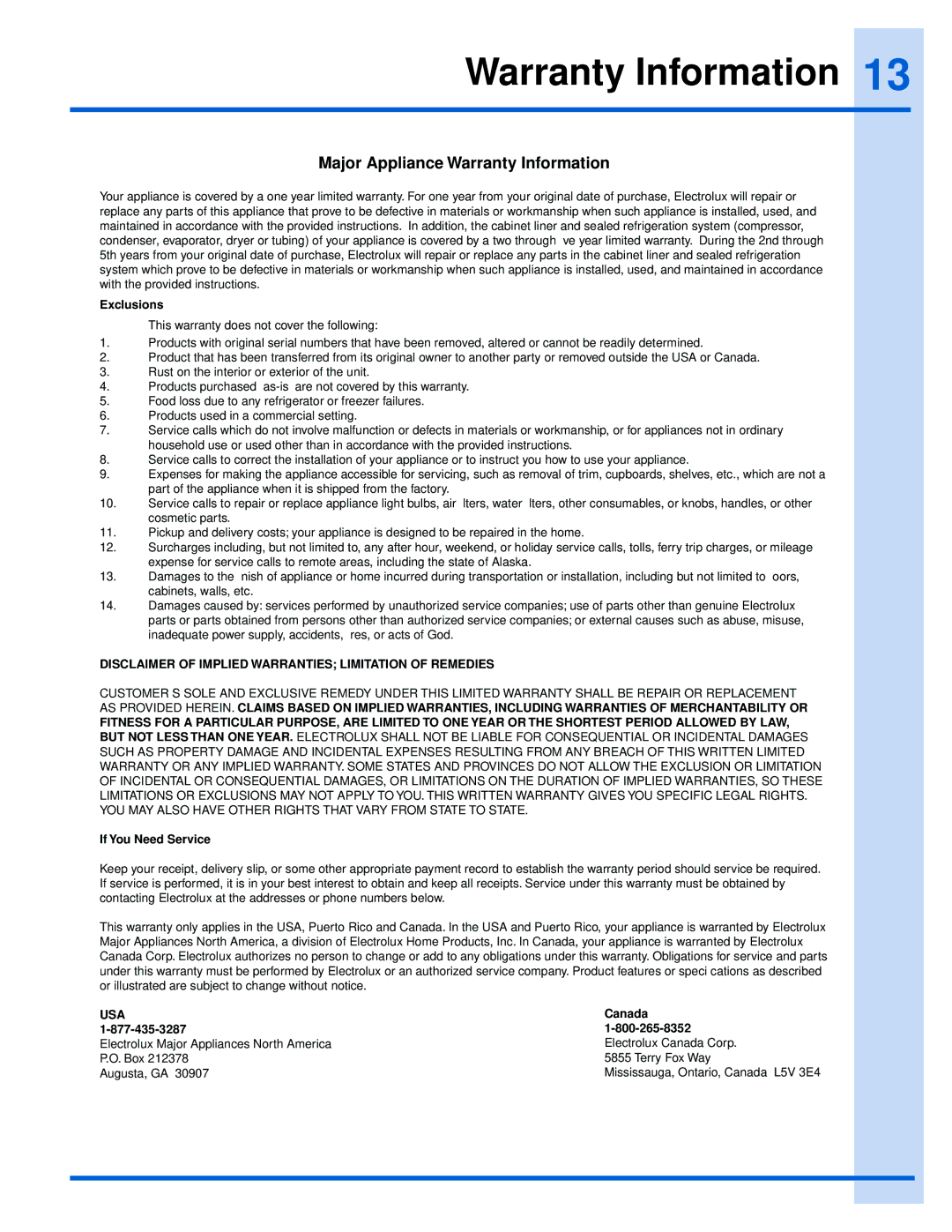 Electrolux EI24WC75HS manual Major Appliance Warranty Information 