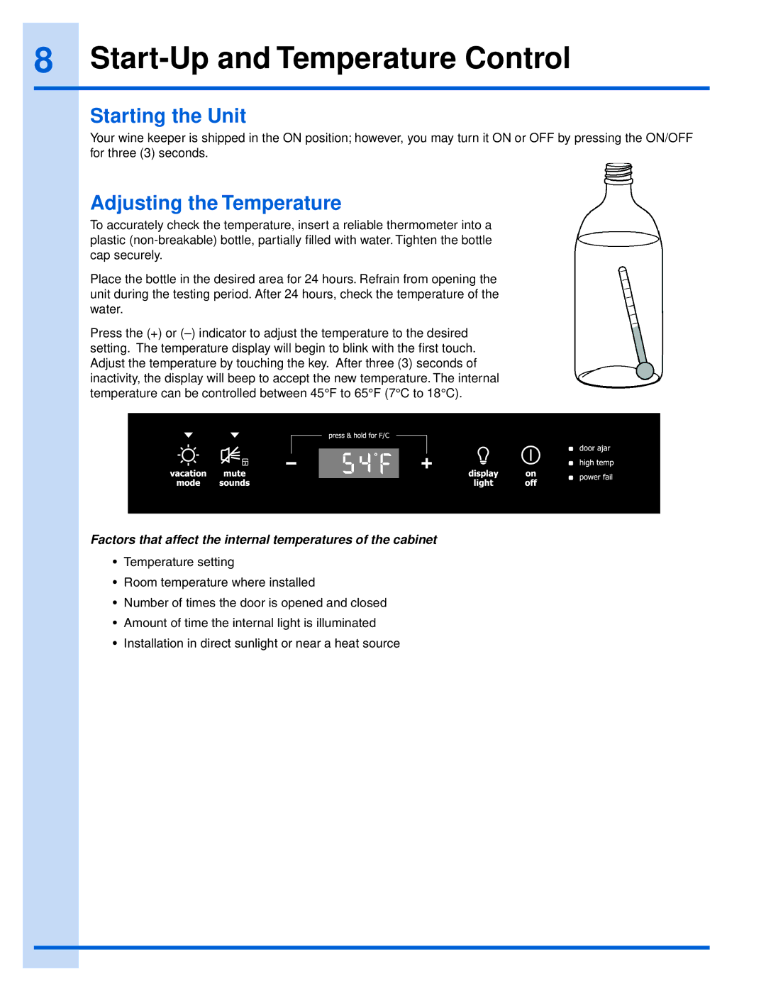 Electrolux EI24WC75HS manual Start-Up and Temperature Control, Starting the Unit, Adjusting the Temperature 