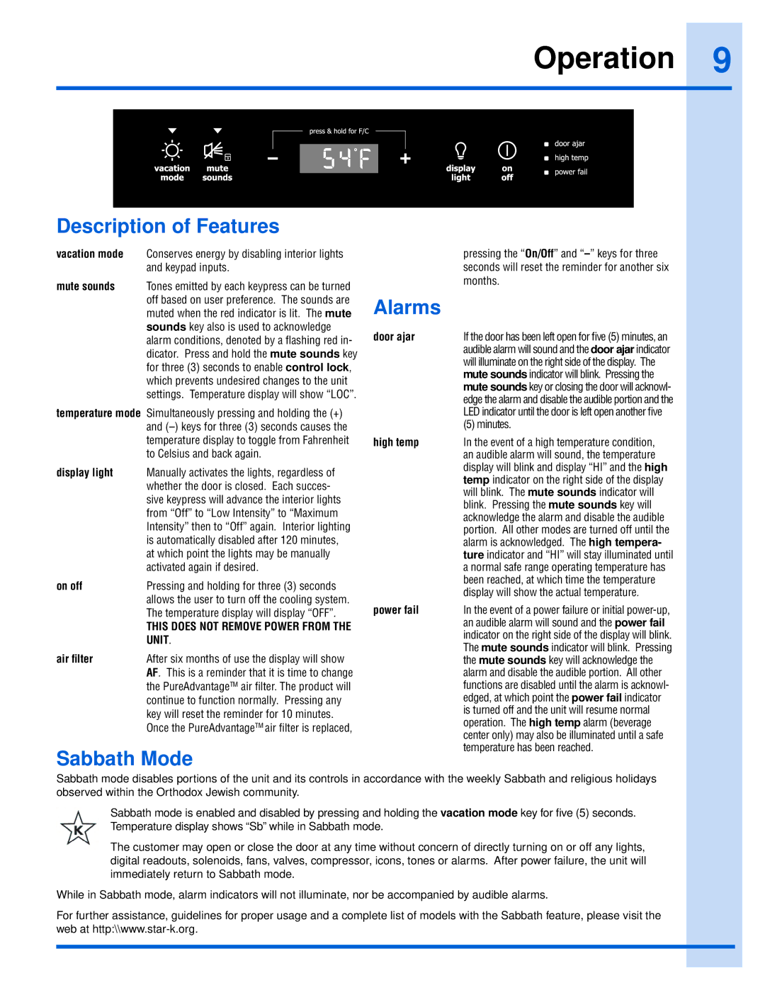 Electrolux EI24WC75HS manual Operation, Description of Features, Sabbath Mode, Alarms 