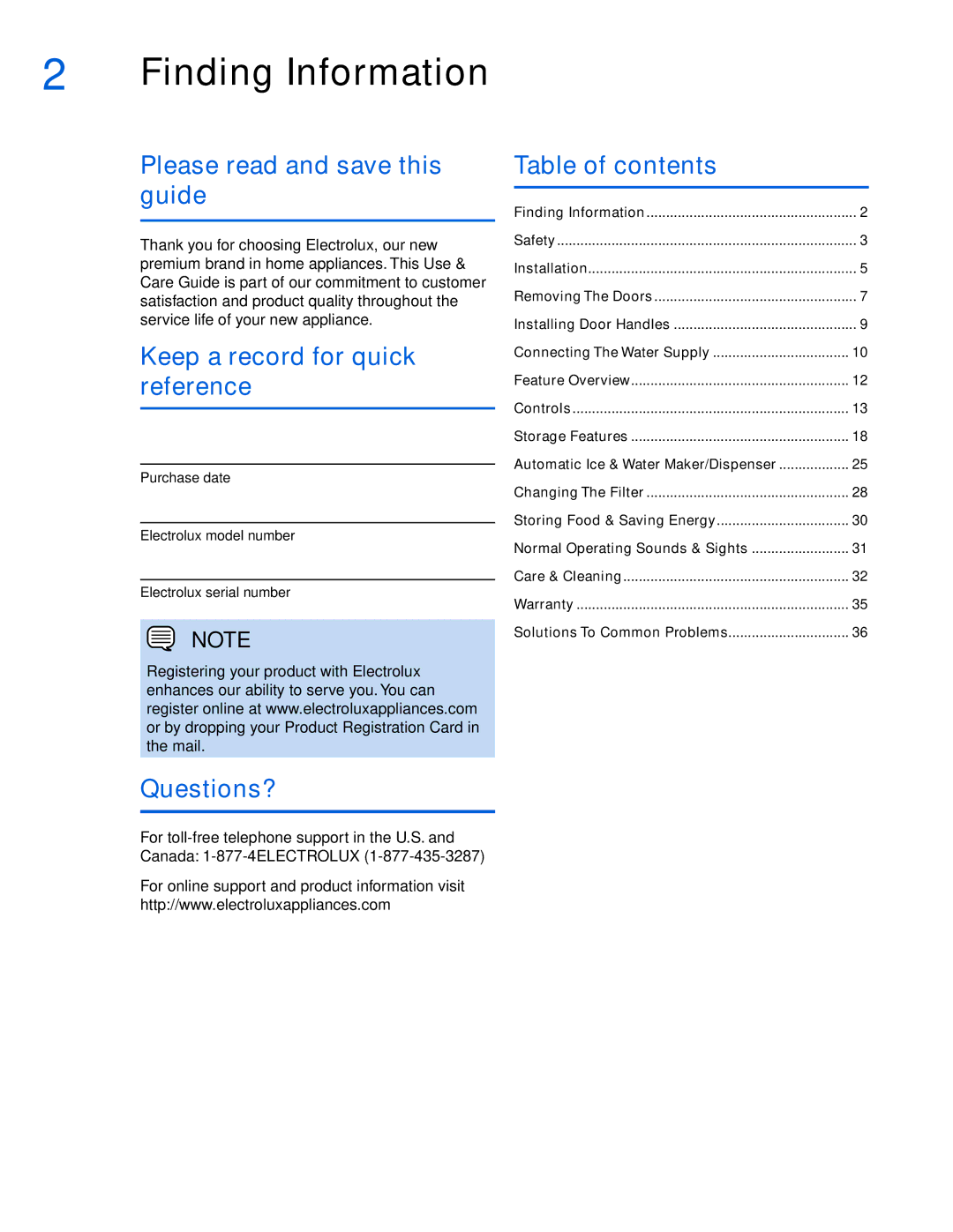 Electrolux EI26SS30JS Finding Information, Please read and save this guide, Keep a record for quick reference, Questions? 