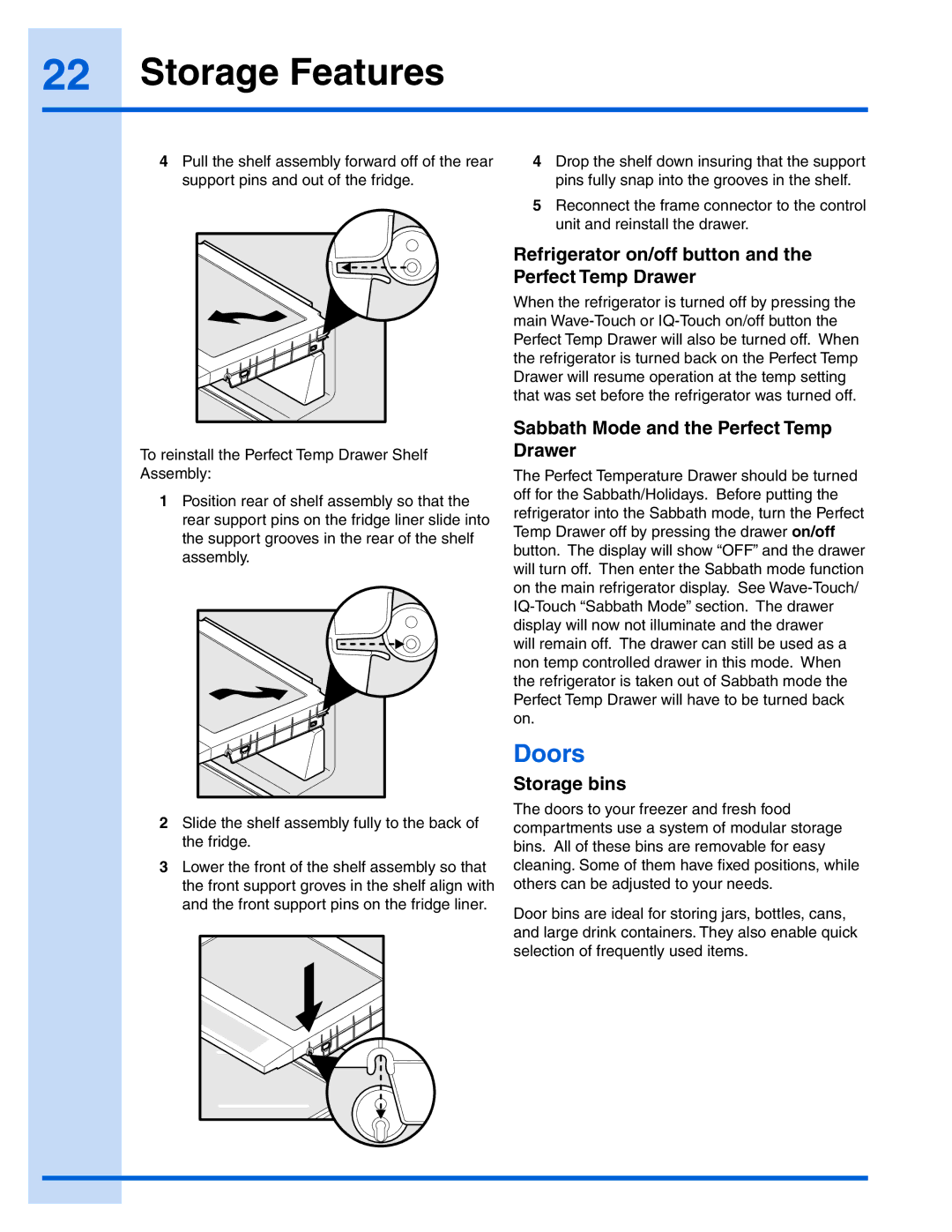 Electrolux EI26SS30JS manual Doors, Refrigerator on/off button and the Perfect Temp Drawer, Storage bins 