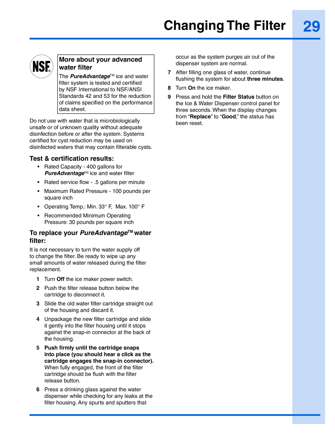 Electrolux EI26SS30JS manual More about your advanced water filter, Test & certification results 