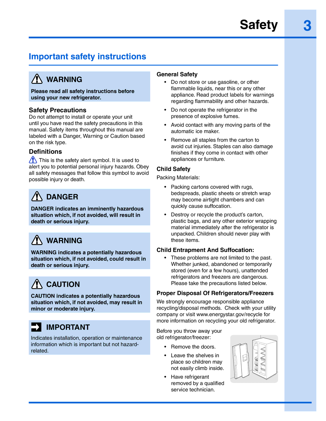 Electrolux EI26SS30JS manual Important safety instructions, Safety Precautions, Definitions 