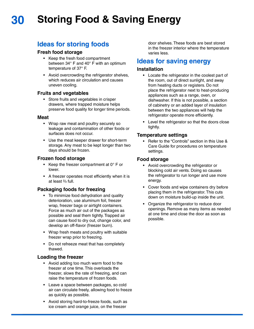 Electrolux EI26SS30JS manual Storing Food & Saving Energy, Ideas for storing foods, Ideas for saving energy 