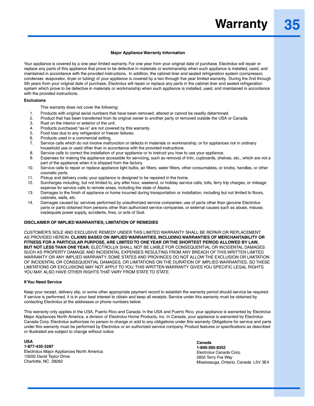 Electrolux EI26SS30JS manual Major Appliance Warranty Information 