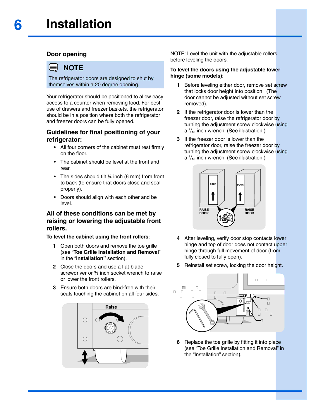 Electrolux EI26SS30JS manual Door opening, Guidelines for final positioning of your refrigerator 