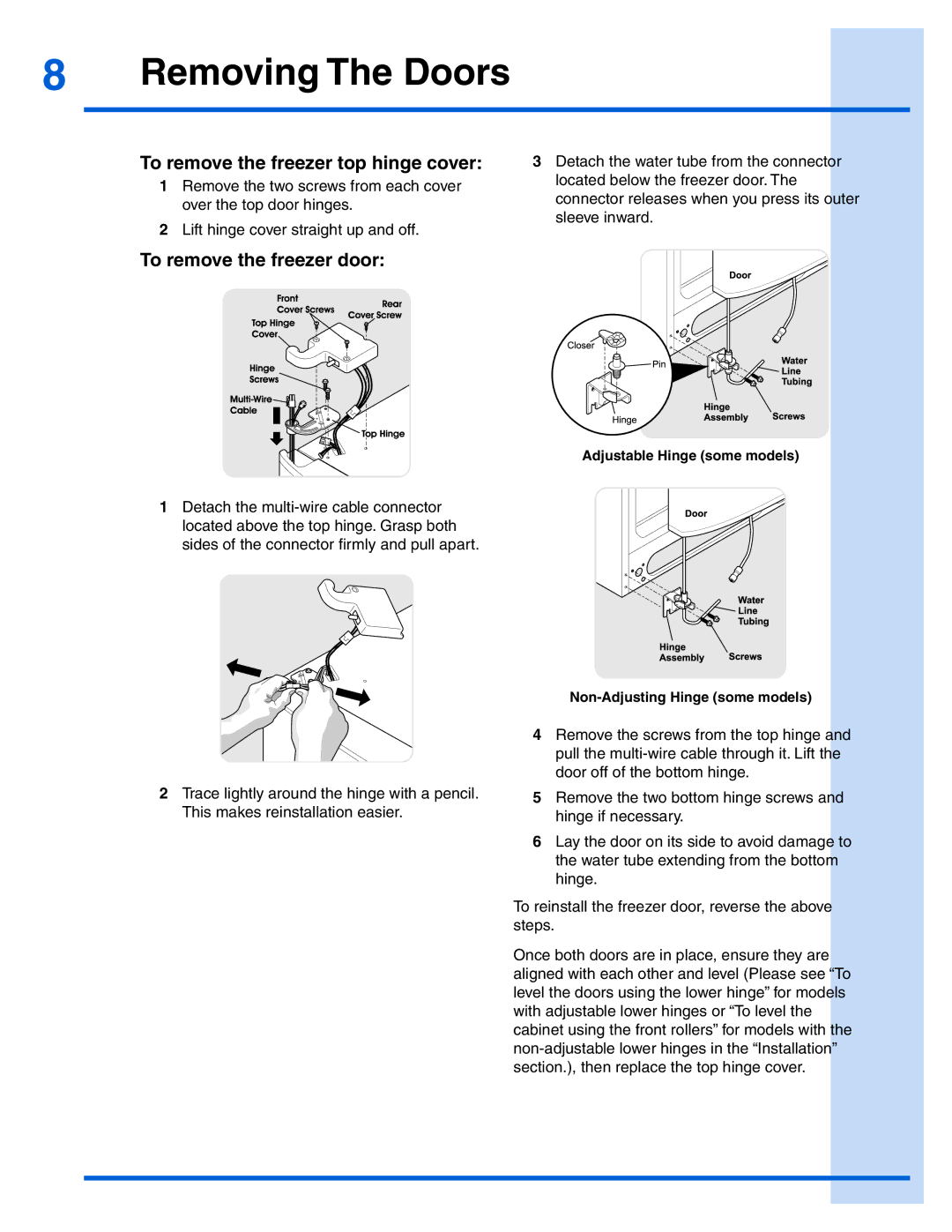 Electrolux EI26SS30JS manual To remove the freezer top hinge cover, To remove the freezer door 