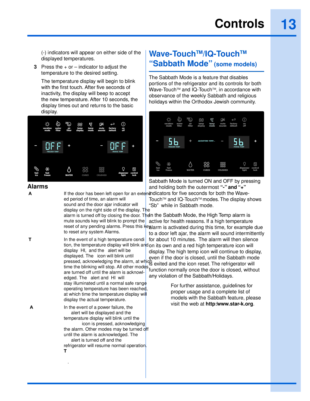 Electrolux EI26SS55GS manual Wave-TouchTM/IQ-TouchTMSabbath Mode some models, Alarms, Door Ajar 