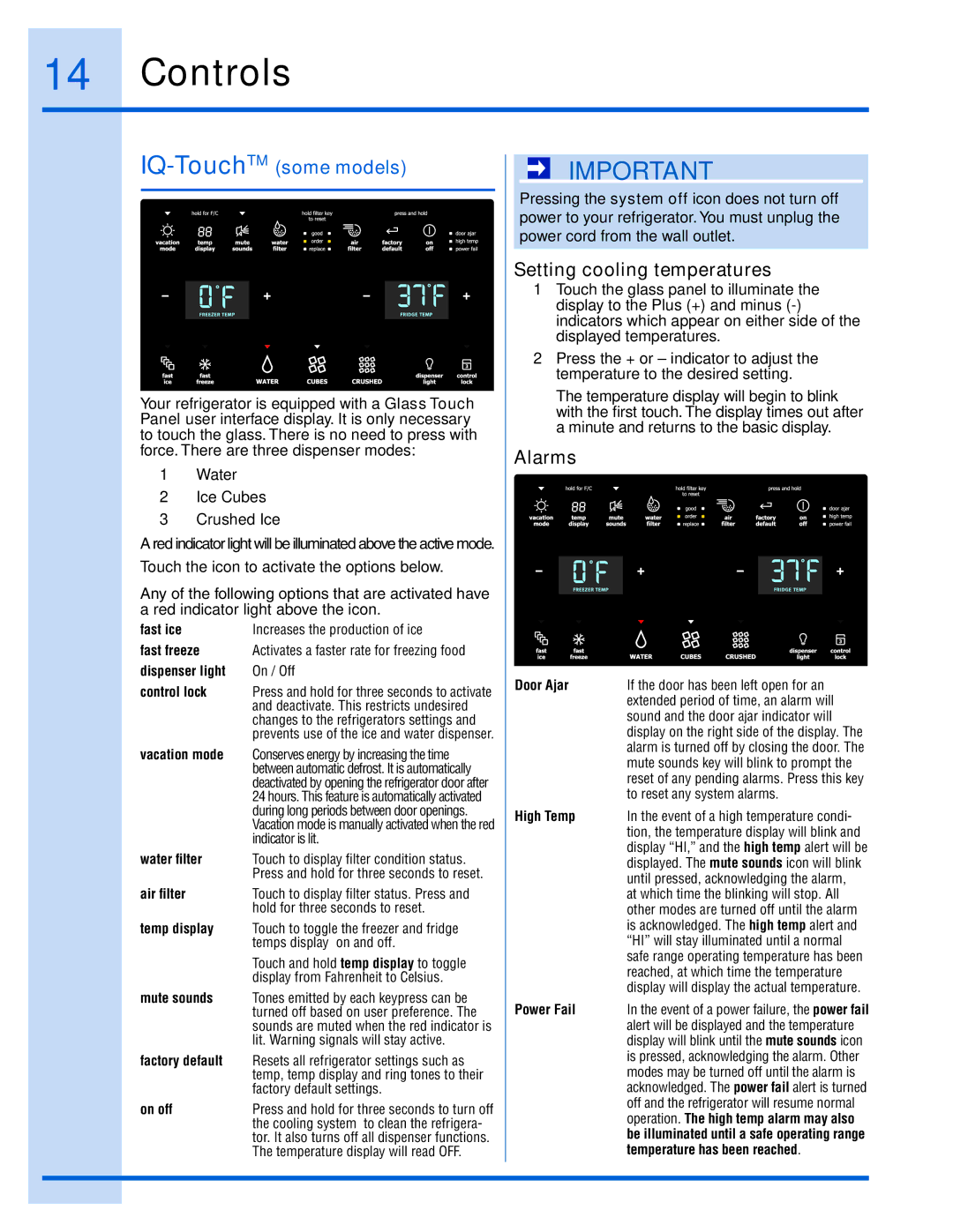 Electrolux EI26SS55GS manual Fast ice, High Temp, Power Fail, Temperature has been reached 