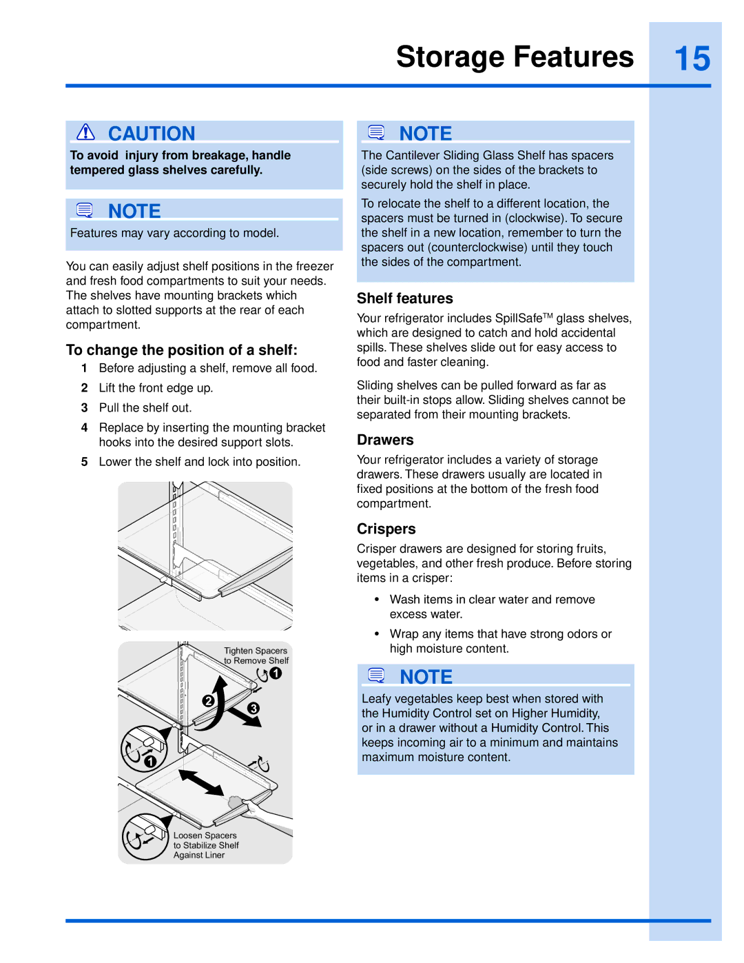 Electrolux EI26SS55GS manual Storage Features, To change the position of a shelf, Shelf features, Drawers, Crispers 