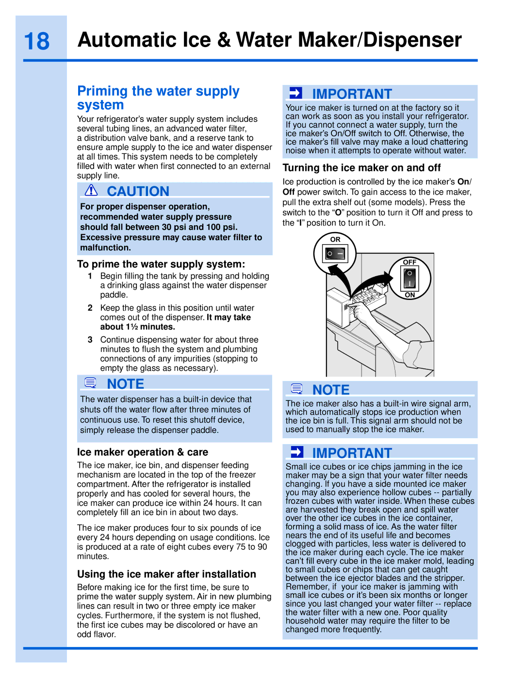 Electrolux EI26SS55GS manual Automatic Ice & Water Maker/Dispenser, Priming the water supply system 