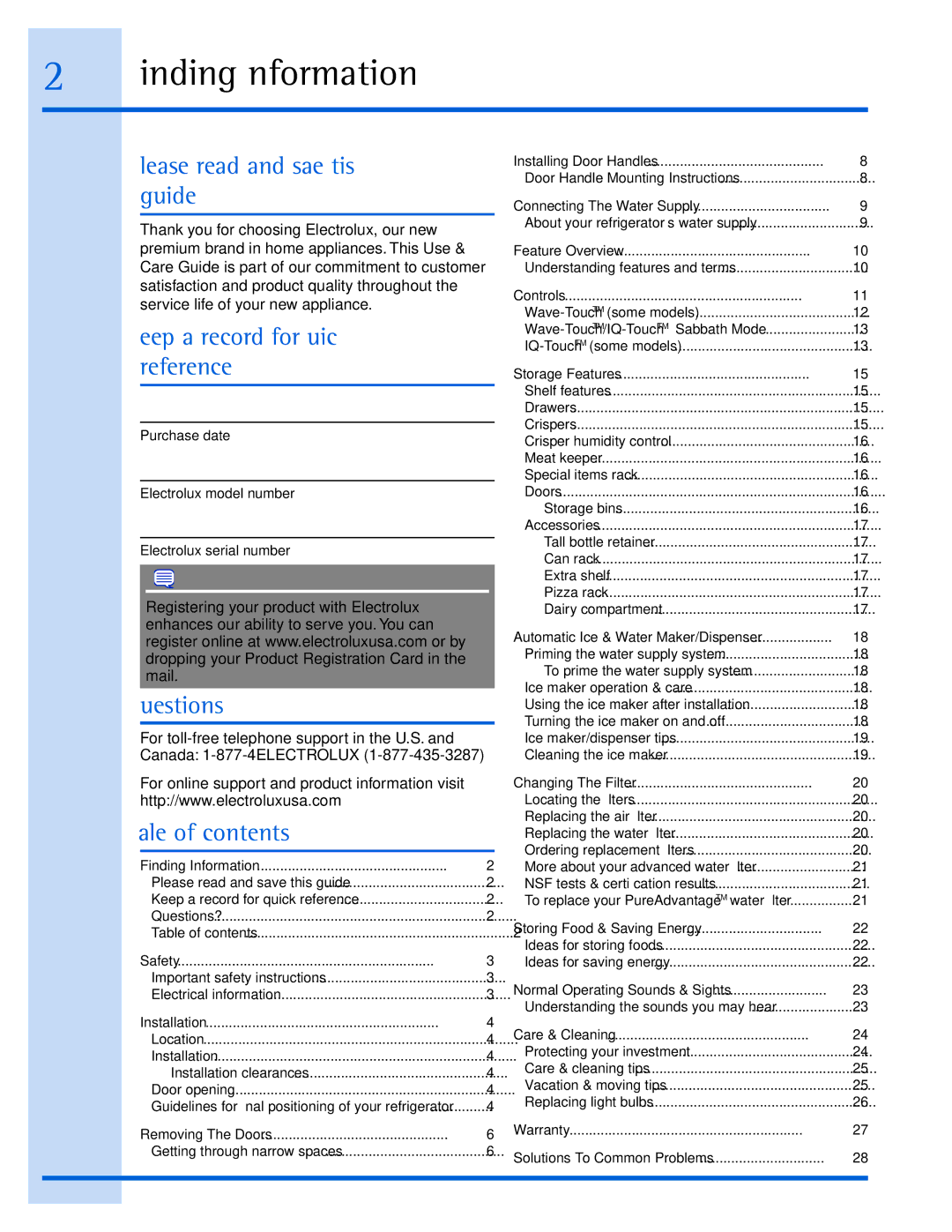 Electrolux EI26SS55GS Finding Information, Please read and save this guide, Keep a record for quick reference, Questions? 