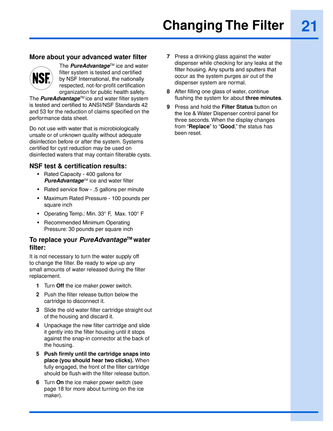 Electrolux EI26SS55GS manual More about your advanced water filter, NSF test & certification results 