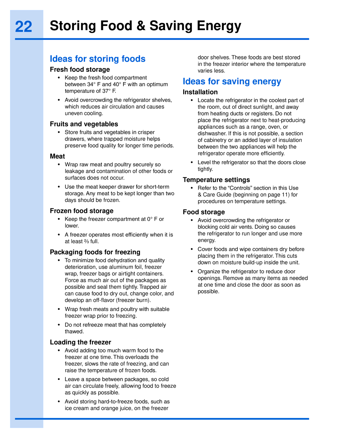 Electrolux EI26SS55GS manual Storing Food & Saving Energy, Ideas for storing foods, Ideas for saving energy 