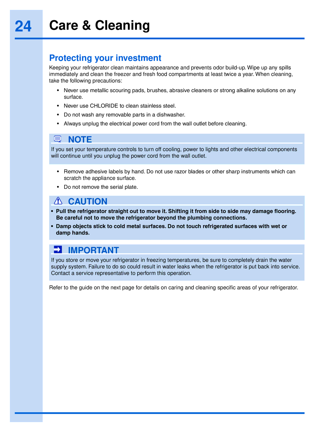 Electrolux EI26SS55GS manual Care & Cleaning, Protecting your investment 