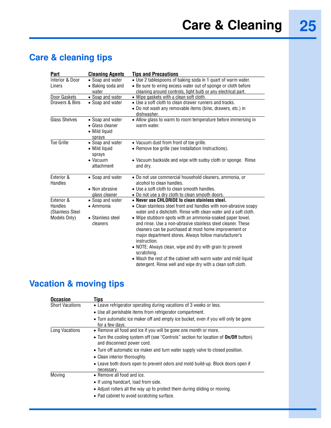 Electrolux EI26SS55GS manual Care & cleaning tips, Vacation & moving tips, Never use Chloride to clean stainless steel 