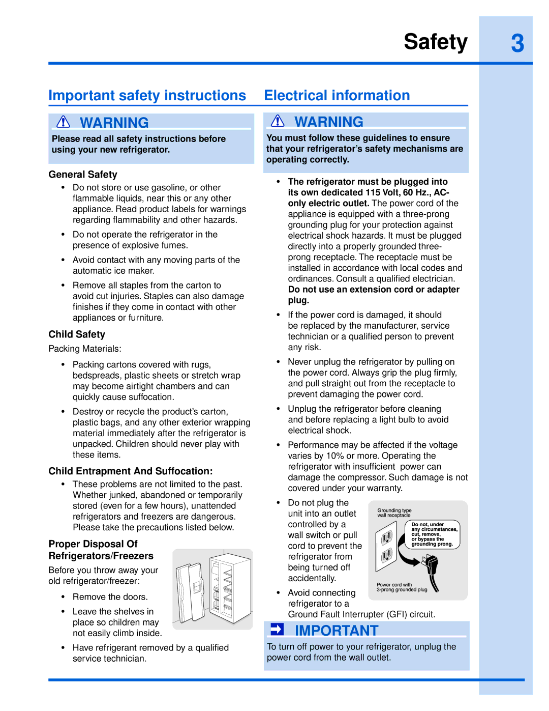 Electrolux EI26SS55GS manual Safety, Important safety instructions Electrical information 