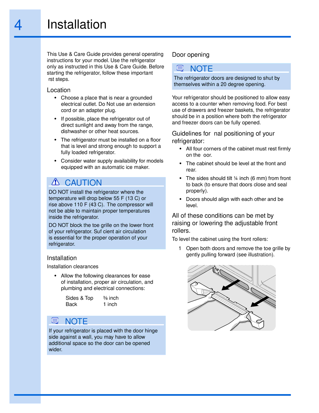 Electrolux EI26SS55GS manual Installation, Location, Door opening, Guidelines for final positioning of your refrigerator 