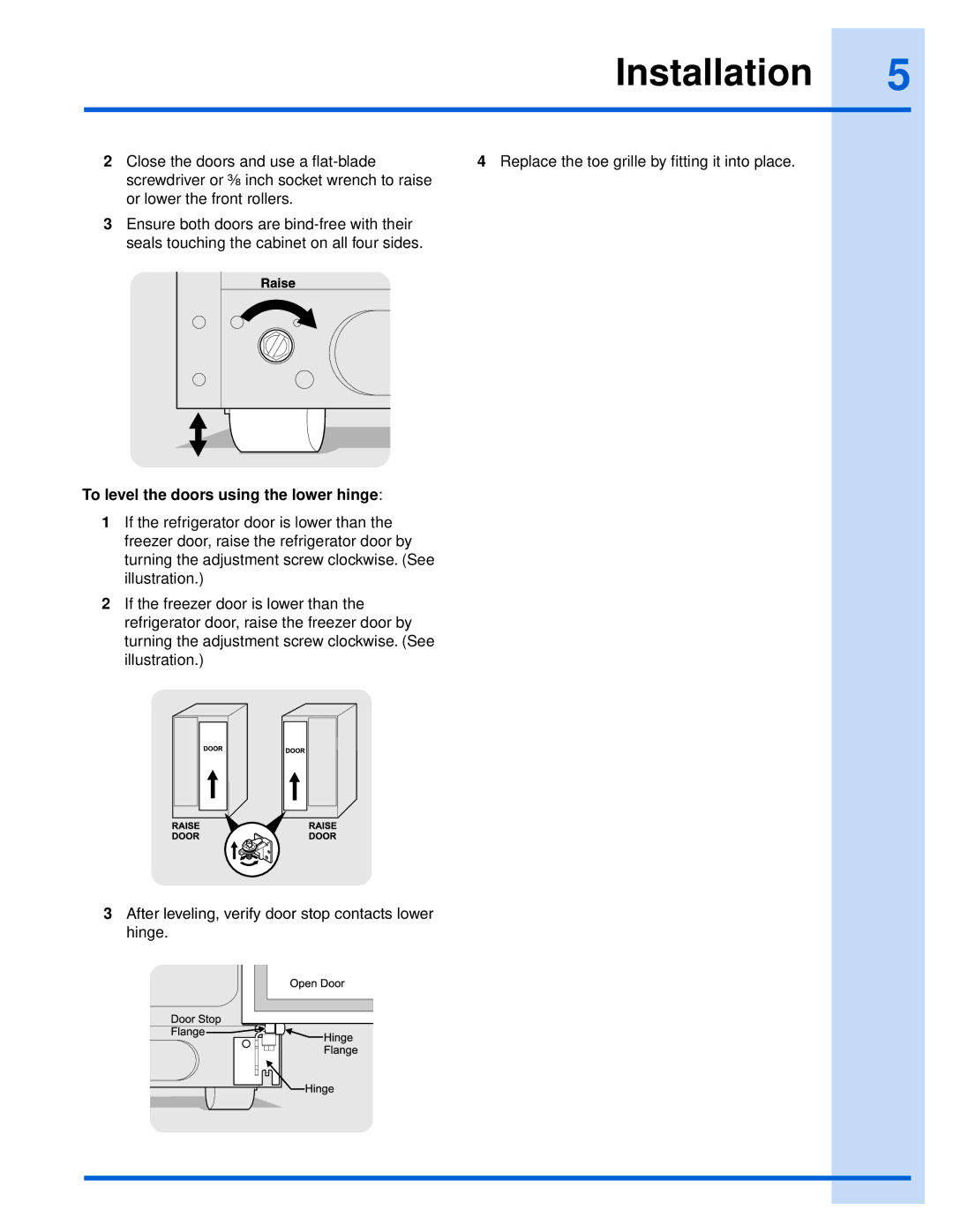 Electrolux EI26SS55GS manual To level the doors using the lower hinge 