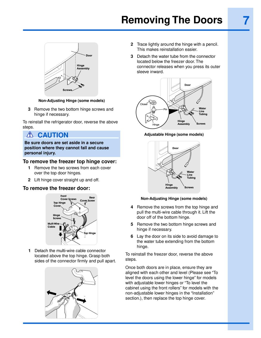 Electrolux EI26SS55GS To remove the freezer top hinge cover, To remove the freezer door, Non-Adjusting Hinge some models 