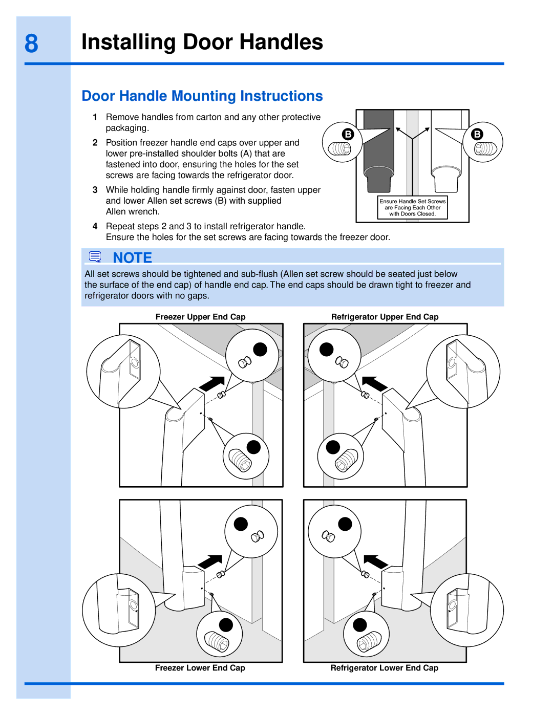 Electrolux EI26SS55GS manual Installing Door Handles, Door Handle Mounting Instructions 