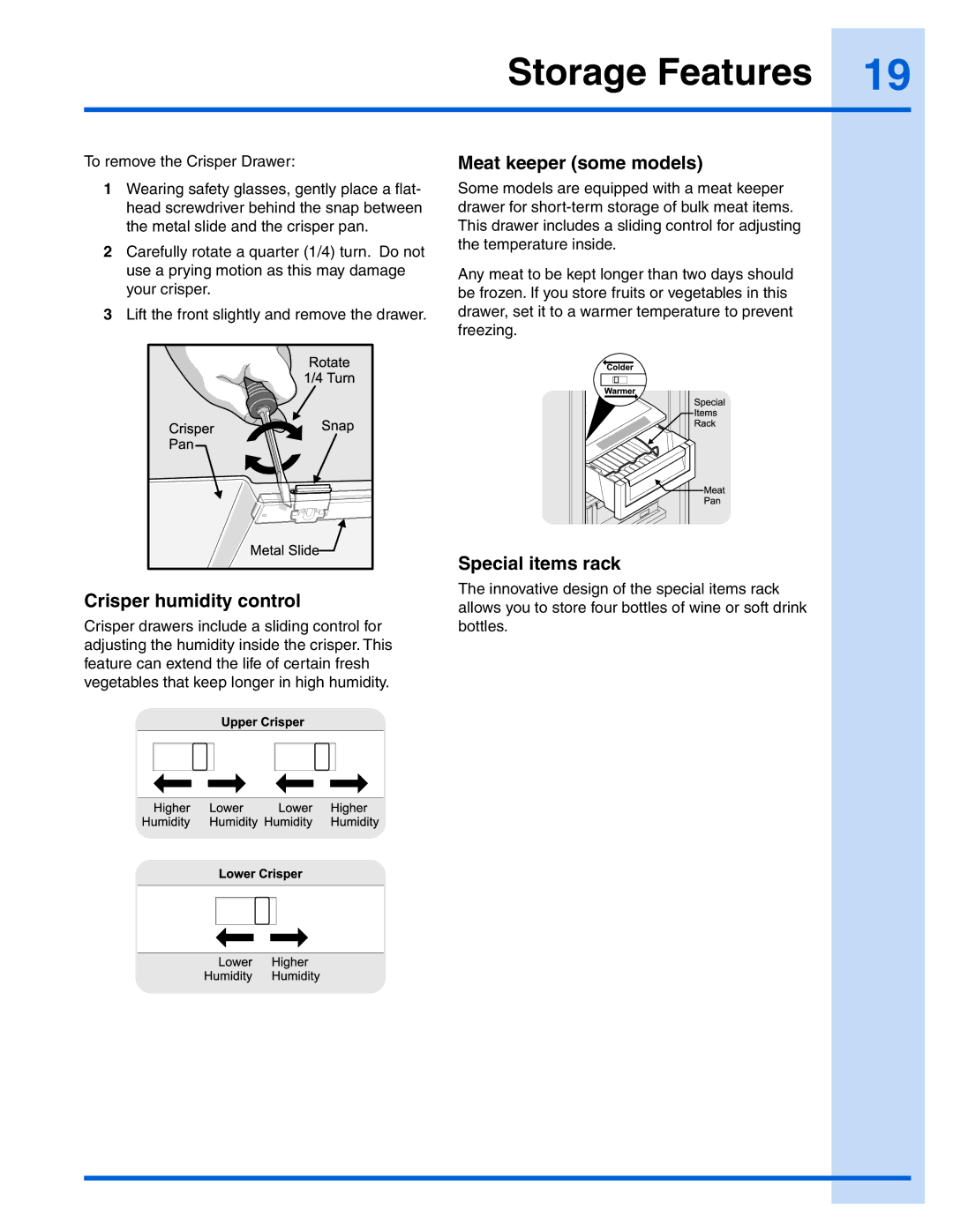 Electrolux EW23SS65HW, EI26SS55GW, EI26SS55GB manual Crisper humidity control, Meat keeper some models, Special items rack 