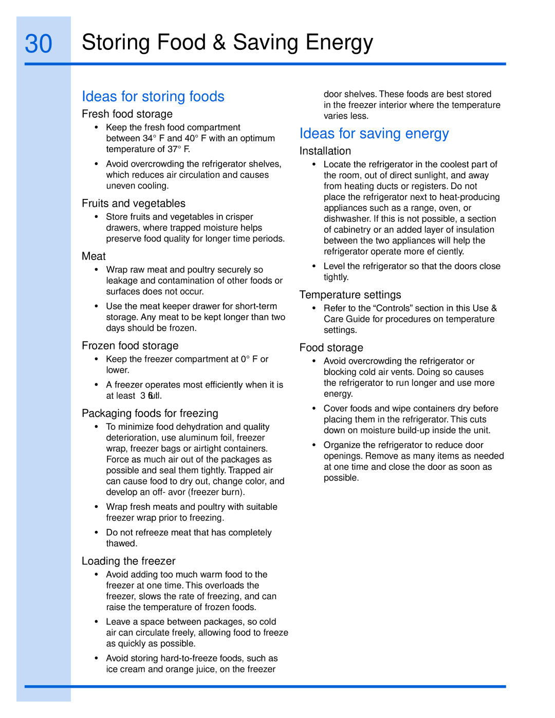 Electrolux EW26SS70IB, EI26SS55GW manual Storing Food & Saving Energy, Ideas for storing foods, Ideas for saving energy 
