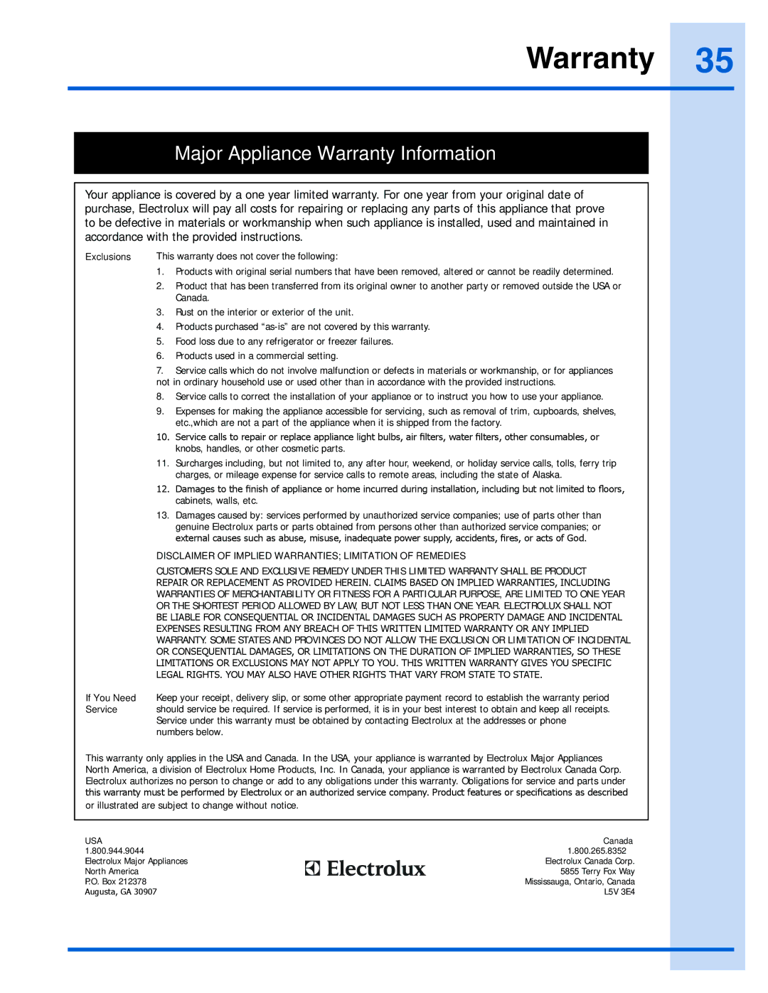 Electrolux EW23SS65HW, EI26SS55GW, EI26SS55GB, EW26SS70IB manual Major Appliance Warranty Information 