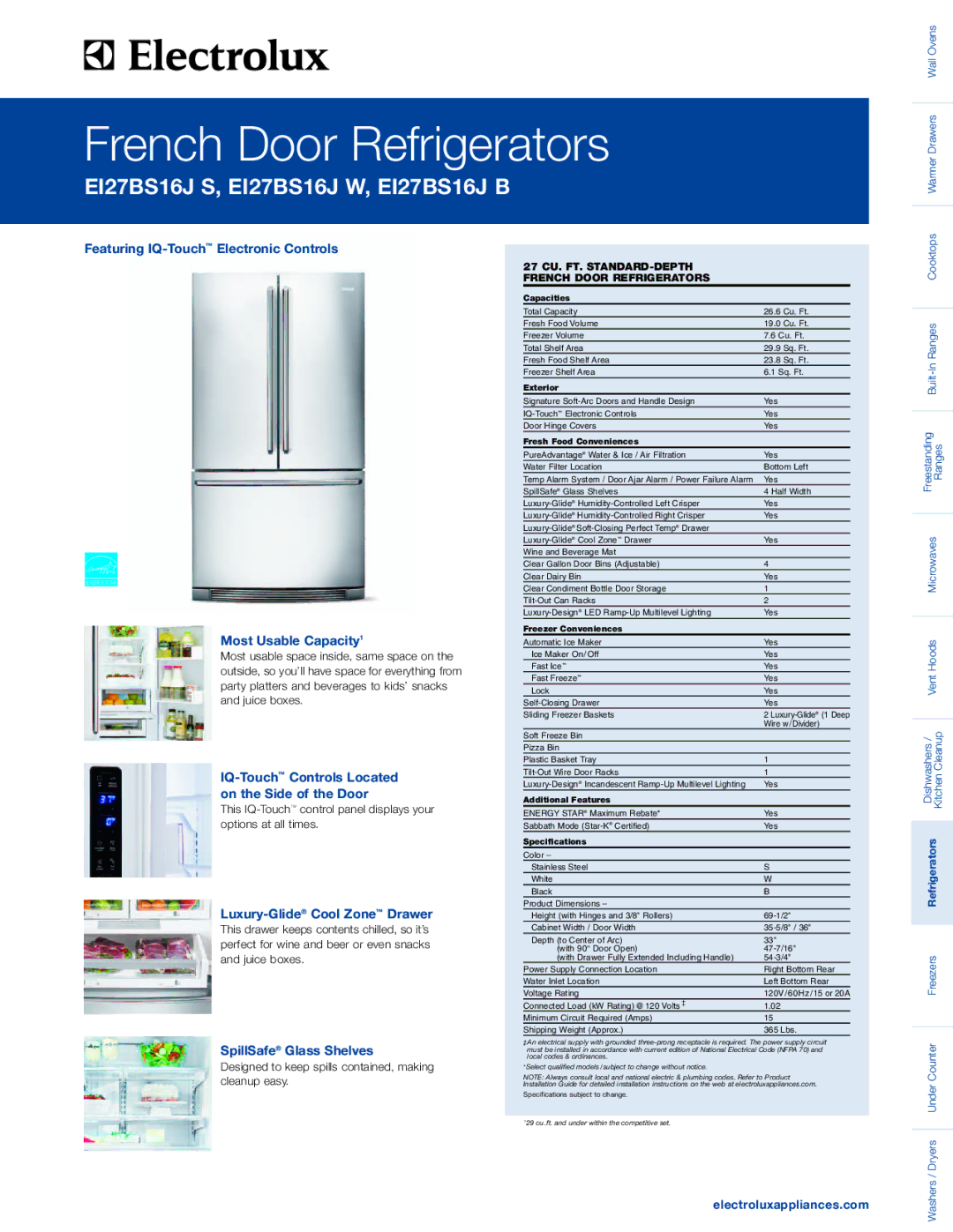 Electrolux EI27BS16J W specifications Featuring IQ-TouchElectronic Controls Most Usable Capacity1, SpillSafe Glass Shelves 