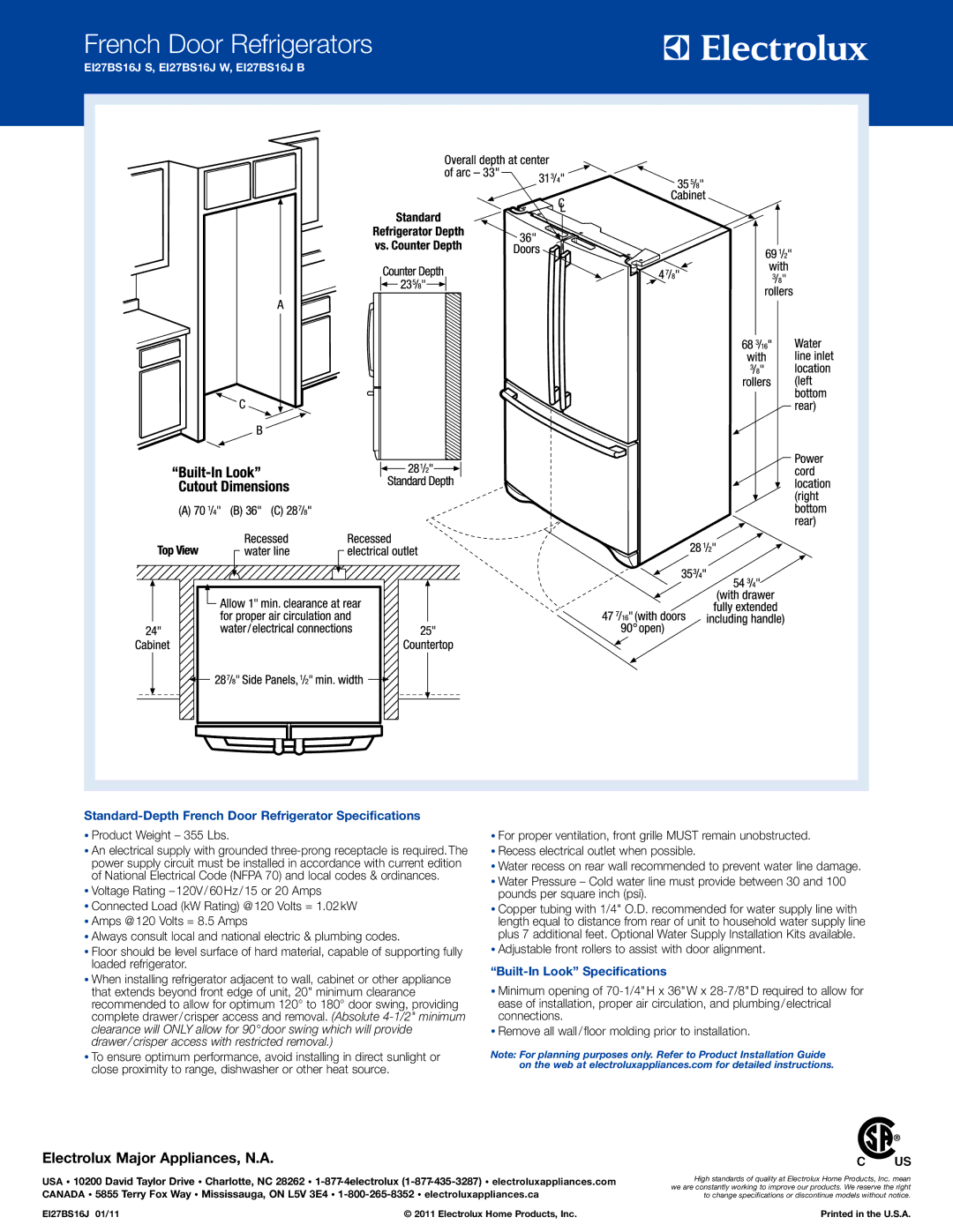 Electrolux EI27BS16J S, EI27BS16J B Standard-Depth French Door Refrigerator Specifications, Built-In Look Specifications 