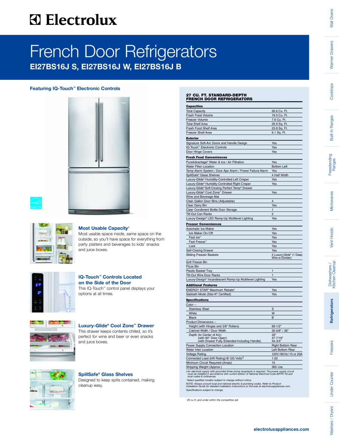 Electrolux EI27BS16J W specifications Featuring IQ-Touch Electronic Controls Most Usable Capacity1, Refrigerators 