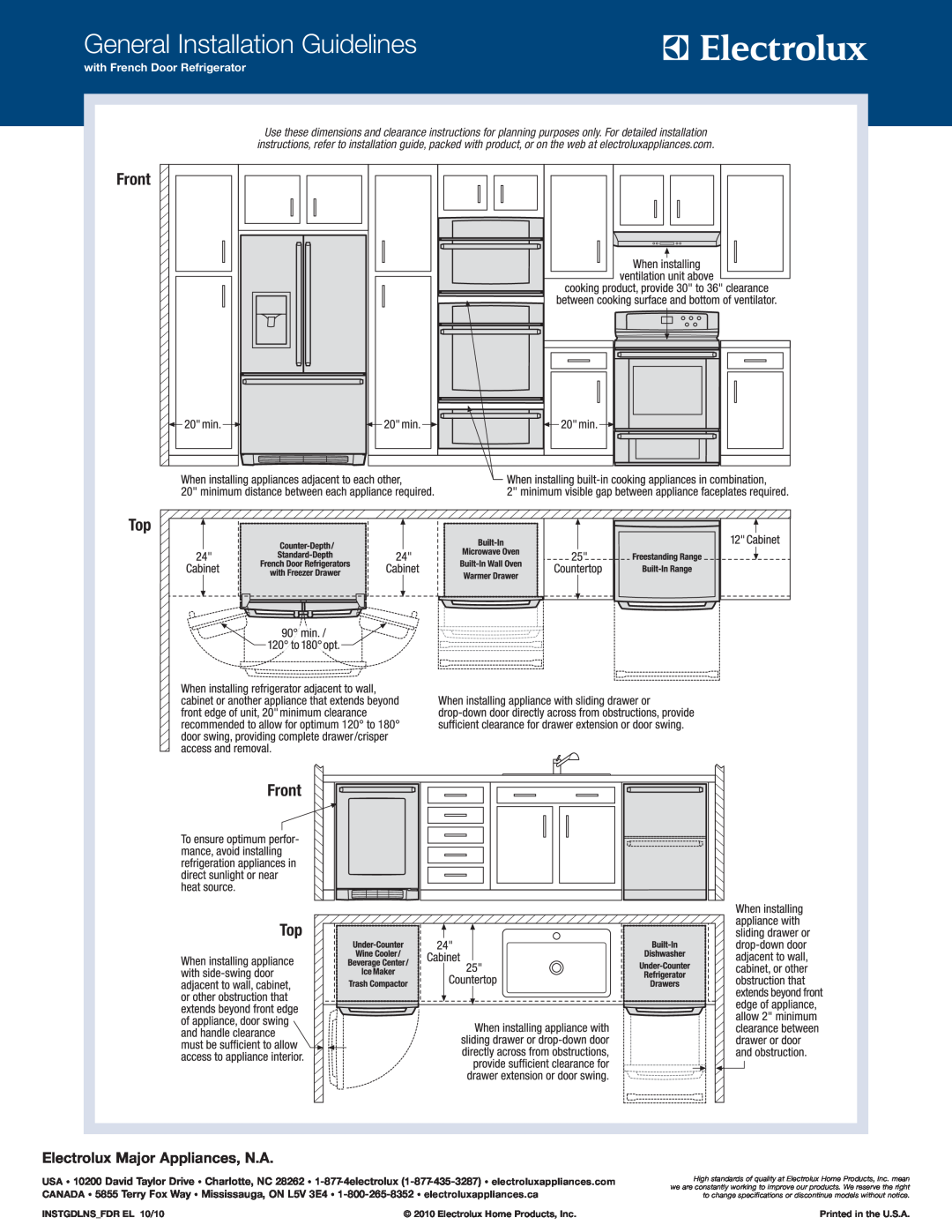 Electrolux EI27BS16J B, EI27BS16J W, EI27BS16J S General Installation Guidelines, Electrolux Major Appliances, N.A, Front 