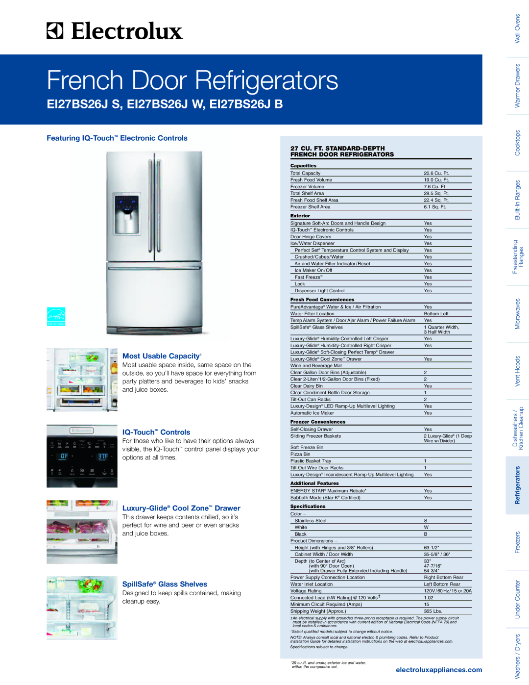 Electrolux EI27BS26J S specifications Featuring IQ-TouchElectronic Controls Most Usable Capacity1, IQ-TouchControls 